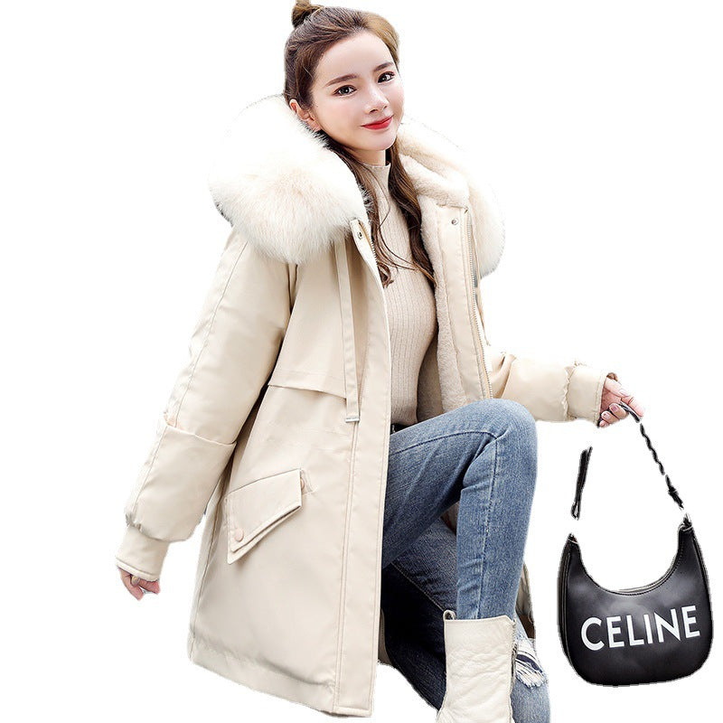 New Fleece-lined Mid-length Big Fur Collar Thicken Cotton Clothes Coat