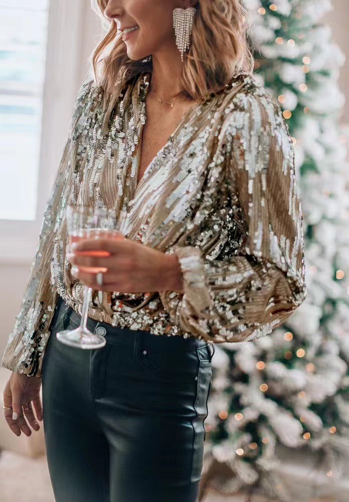 V-Neck Long-Sleeve Party Sequin Top for Women