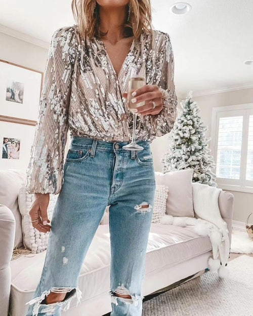 V-Neck Long-Sleeve Party Sequin Top for Women