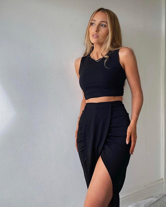 European And American Solid Color Vest Fold Split Long Skirt Two Pieces Fashion Casual Set