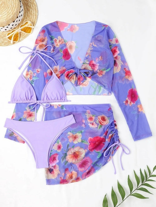 4-Piece Swimsuit Set with Drawstring Long Sleeves