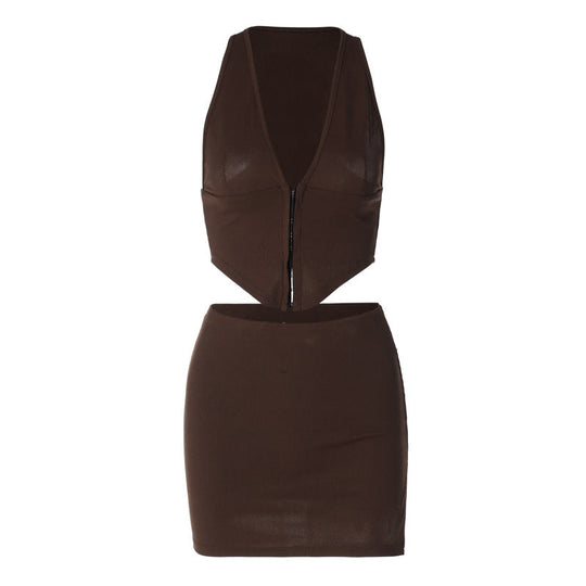 V-Neck Vest and Slit Skirt Set