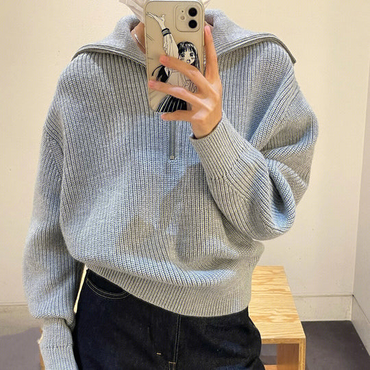 Casual Style Neck Wool Blend Knit Sweater