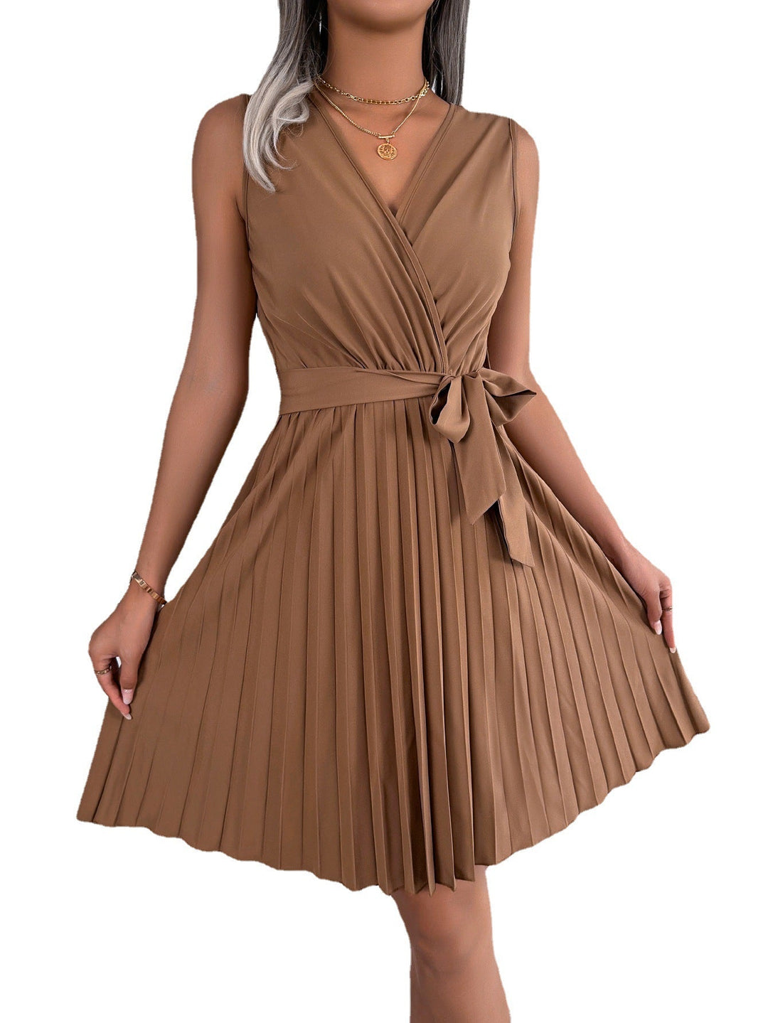 V-Neck Sleeveless Waist Gathered Pleated Dress