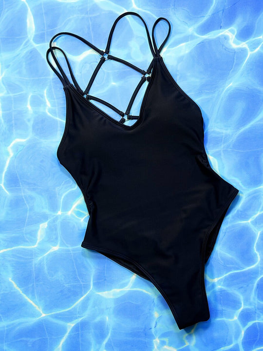 Ring Linked Cut Out Backless Ruched One Piece Swimsuit
