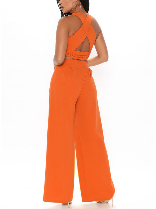 Two Piece Summer Chic Suits Sleeveless Crop Top & Loose Pants Set