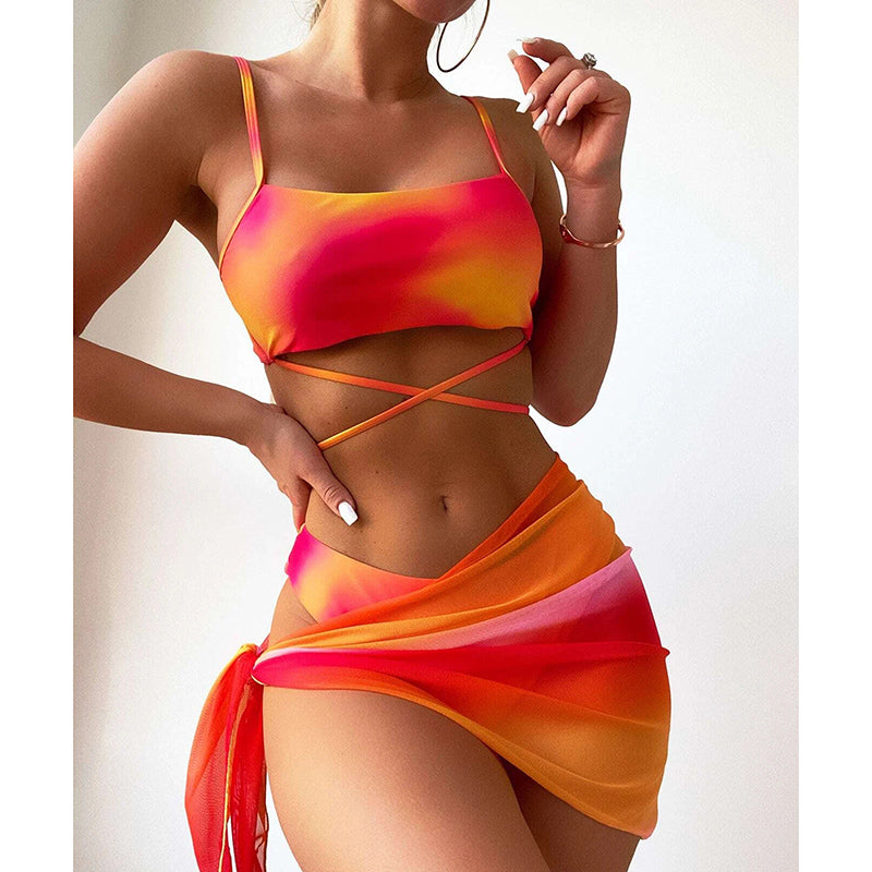 Sexy Ombre 3 Piece Crisscross Swimsuit With Beach Skirt Mesh Swimwear