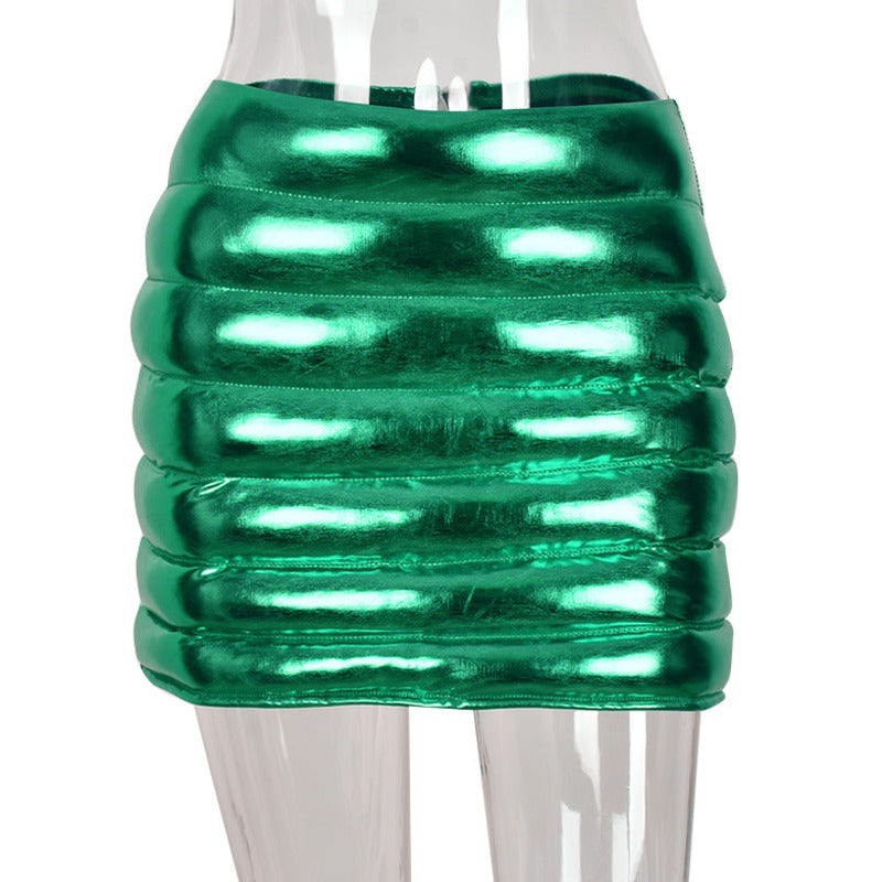 Green Women's Puffer Skirt Metallic Shiny Warm Quilted Mini A-line
