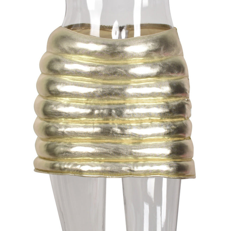 Champagne Women's Puffer Skirt Metallic Shiny Warm Quilted Mini Skirt