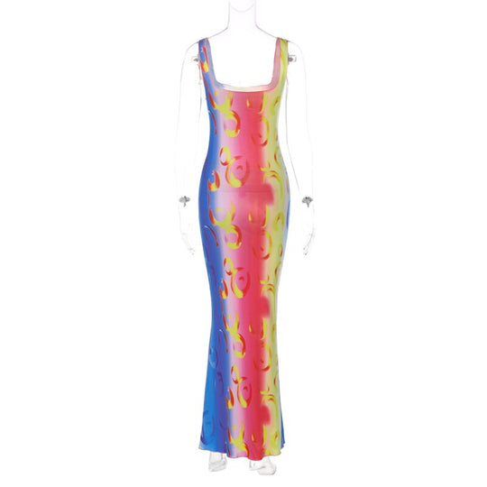 Printing Sleeveless Slim Long Dress