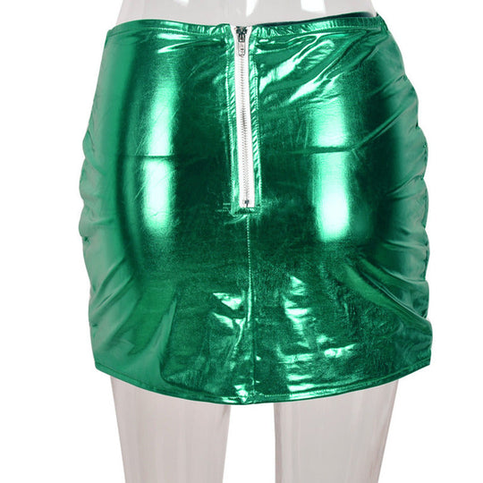 Green Women's Puffer Skirt Metallic Shiny Warm Quilted Mini A-line