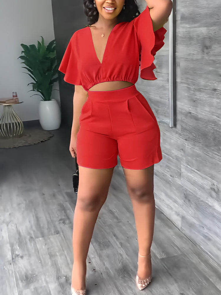 Two Piece Sweet Suits V Neck Crop Top & Slim Shorts Set