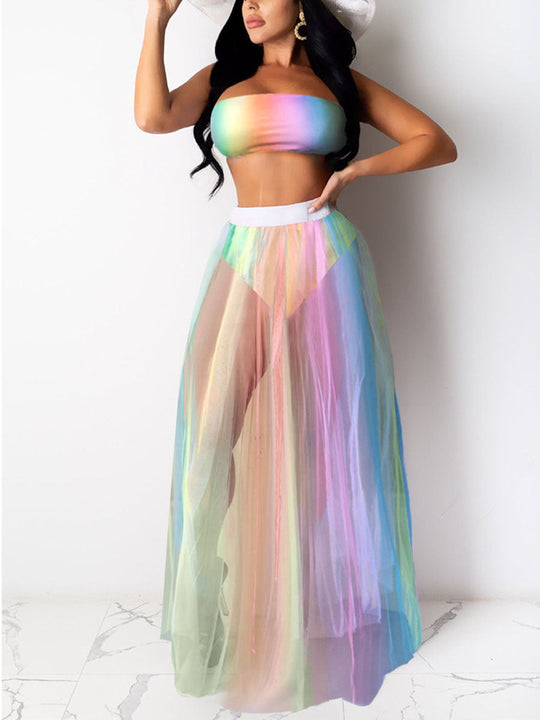 Summer Two Piece Beach Suits Tube Top See Through Skirt Set
