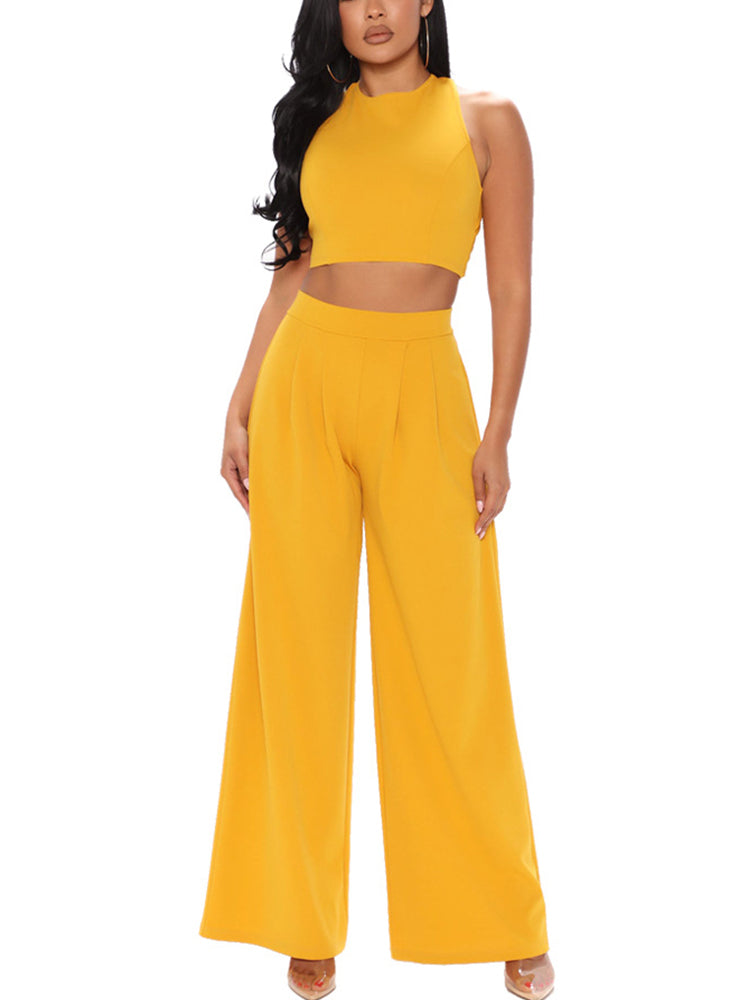 Two Piece Summer Chic Suits Sleeveless Crop Top & Loose Pants Set