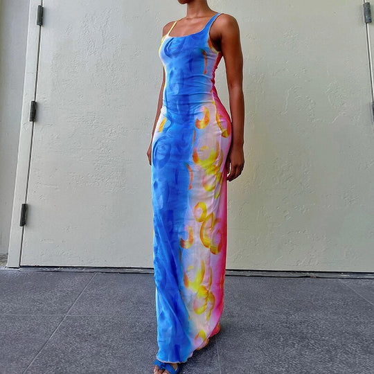 Printing Sleeveless Slim Long Dress