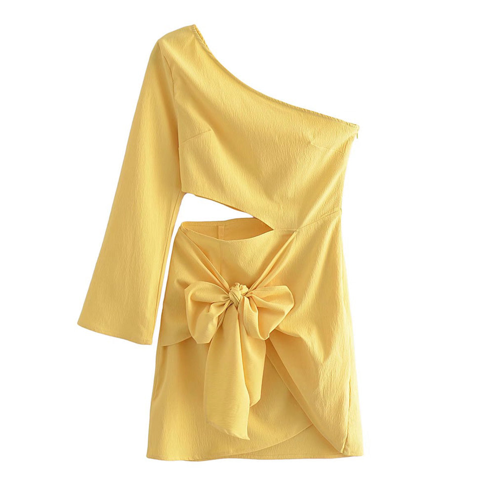 With Tied Bow Hollow Out Asymmetrical Mini Dress