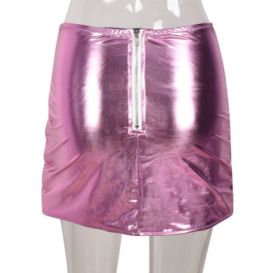 Pink Women's Puffer Skirt Metallic Shiny Warm Quilted Mini A-line