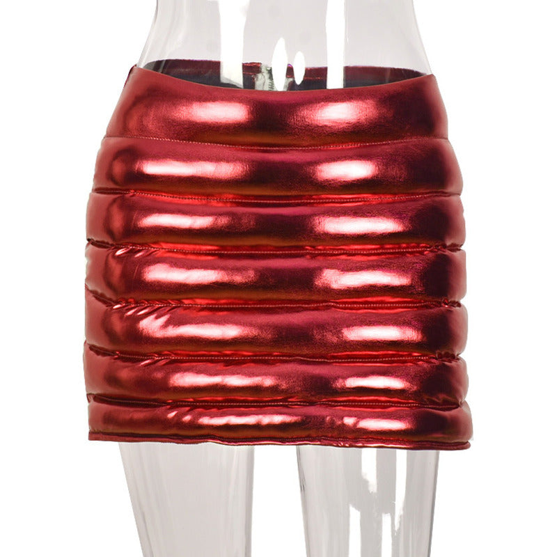 Red Women's Puffer Skirts Metallic Shiny Warm Quilted Mini Skirt