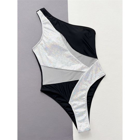 Splicing One Shoulder Shiny Sequins One Piece Swimsuit