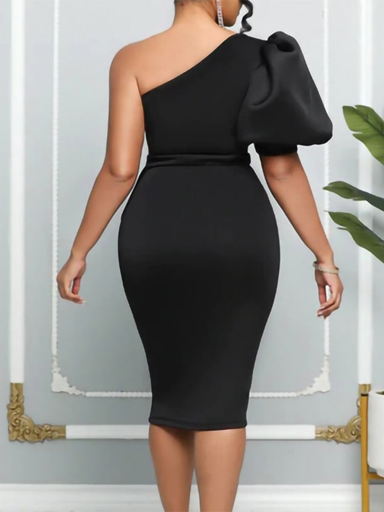 One Shoulder Puff Sleeve Bodycon Midi Dress Sweet Party Dress