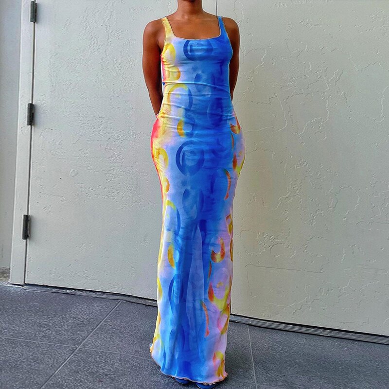 Printing Sleeveless Slim Long Dress