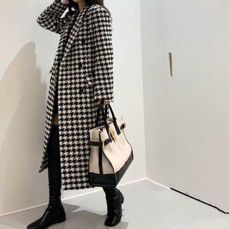 Womens Houndstooth Pattern Long Coat