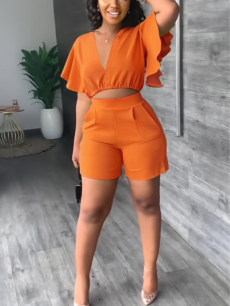 Two Piece Sweet Suits V Neck Crop Top & Slim Shorts Set