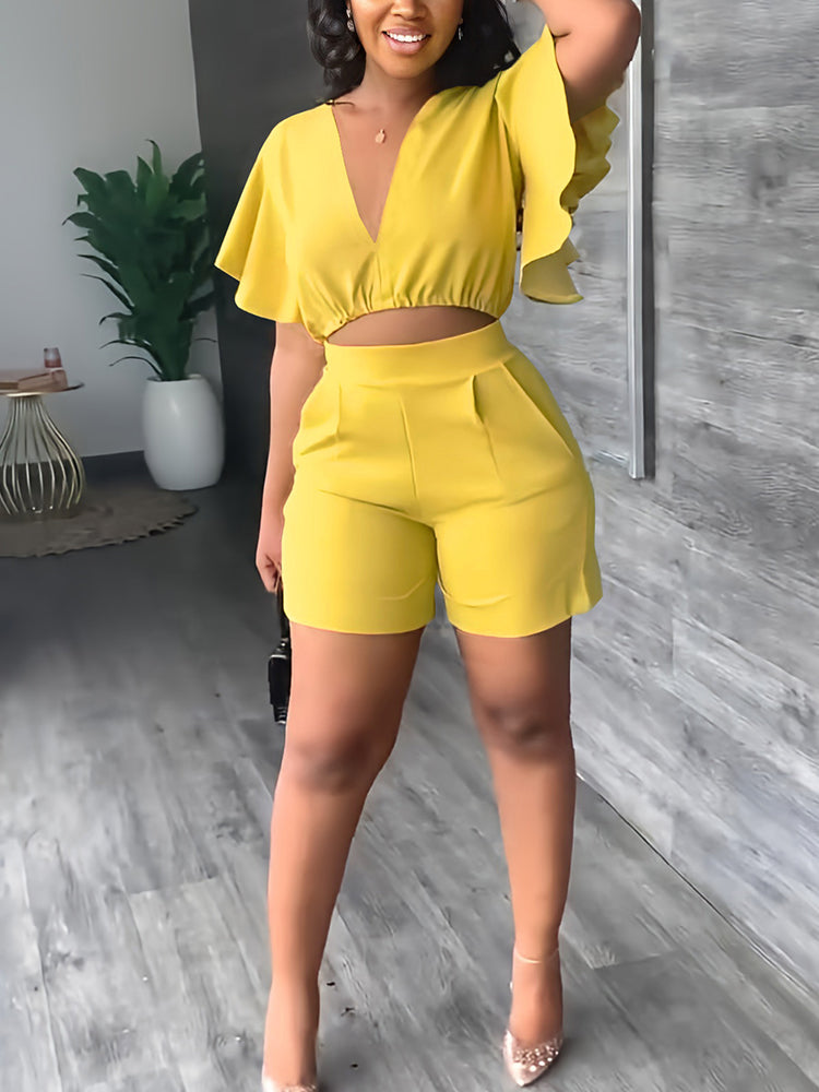 Two Piece Sweet Suits V Neck Crop Top & Slim Shorts Set