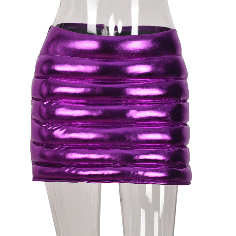 Purple Women's Puffer Skirt Metallic Shiny Warm Quilted Mini Skirts