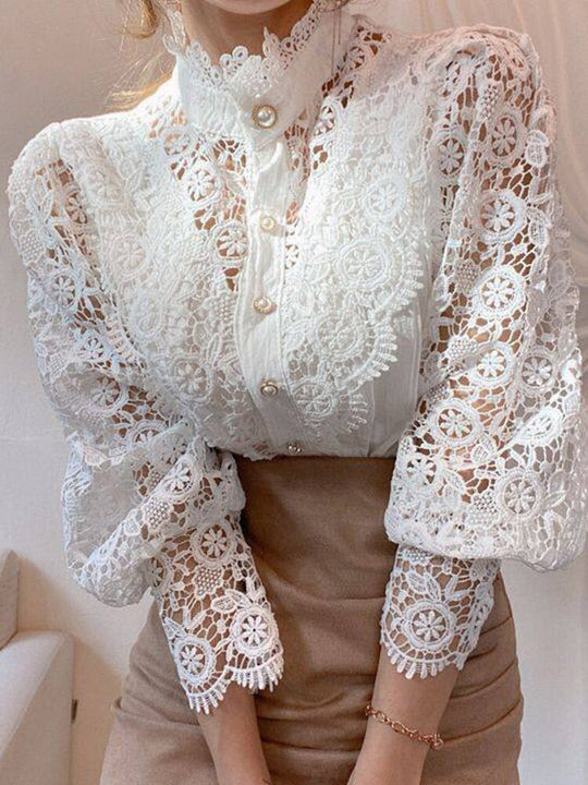 Apricot White Lace Women Vintage Blouse Shirt