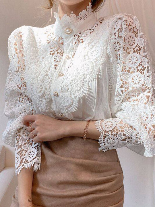 Apricot White Lace Women Vintage Blouse Shirt