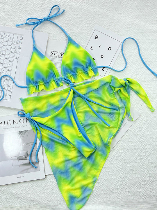 Tie Dye Halter Ruffled Bikini Female Micro Swimsuit 3 Pieces