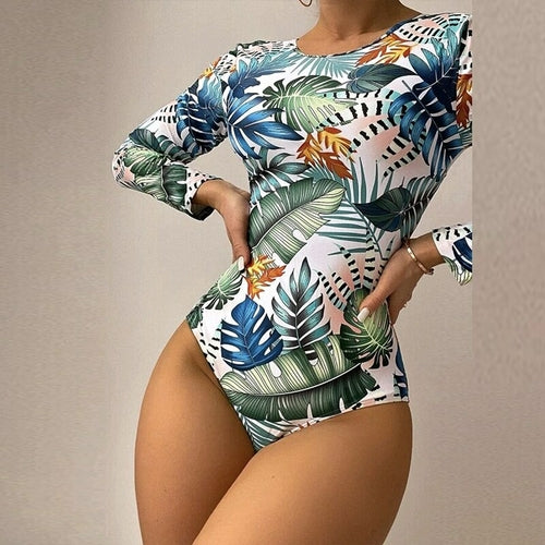 Leaf Print Cross Backless One Piece Swimsuit