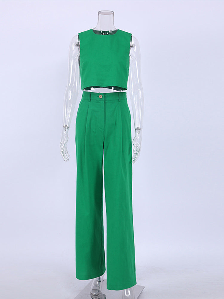 Tank Sleeveless Crop Top And Wide Leg Trouser Suits Summer Loose
