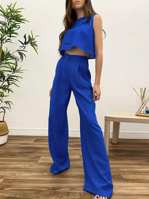 Tank Sleeveless Crop Top And Wide Leg Trouser Suits Summer Loose