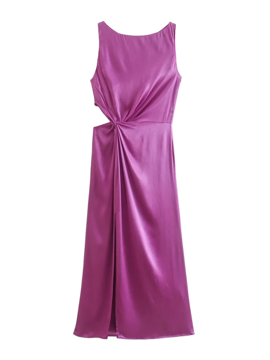 With Purple Satin Sleeveless Midi Dress