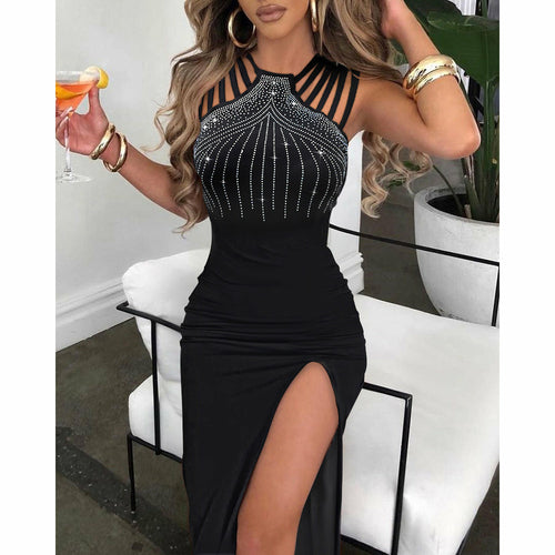 Rhinestone Decor Multi-Strap High Slit Dress