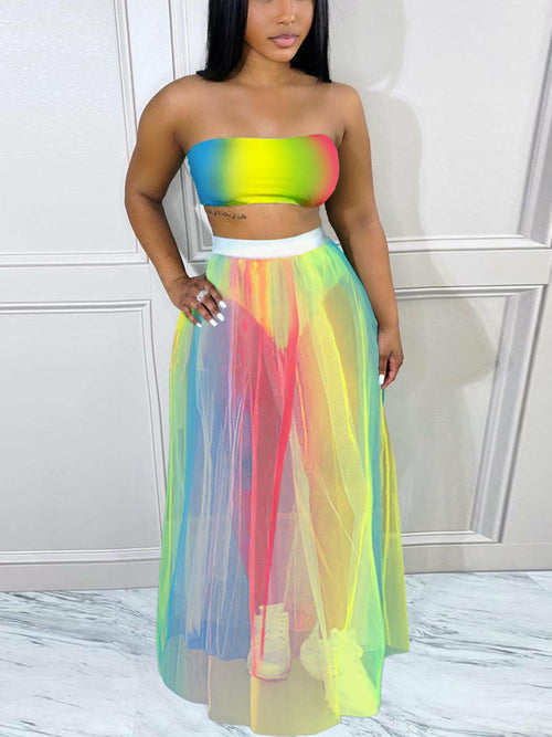 Summer Two Piece Beach Suits Tube Top See Through Skirt Set