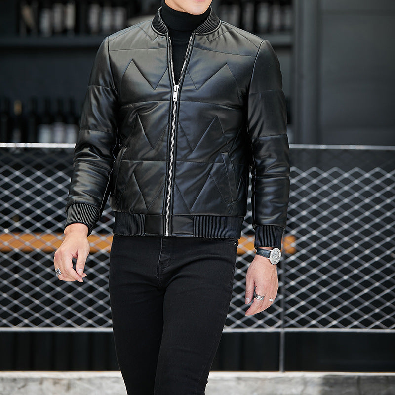 Men's Standing Collar Casual Zipper PU Leather Jacket