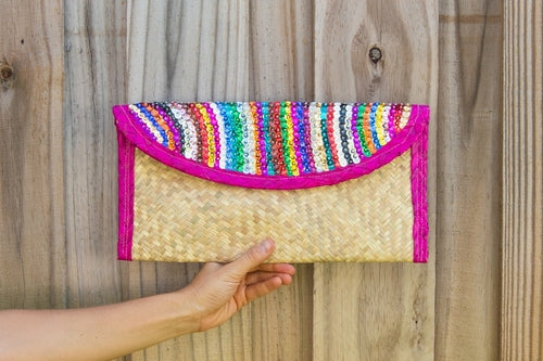 Straw Clutch Bag with Sequin Stripes & Pink Trim