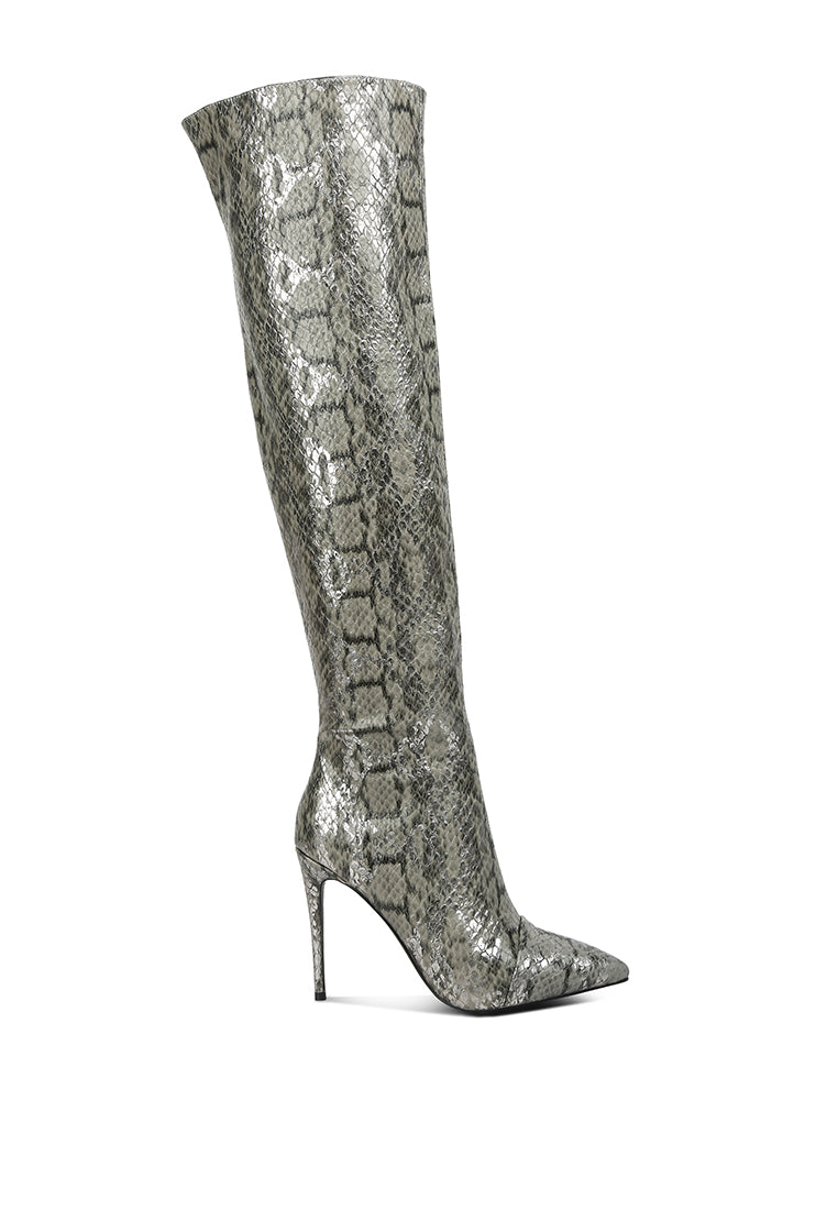 catalina snake print stiletto knee boots