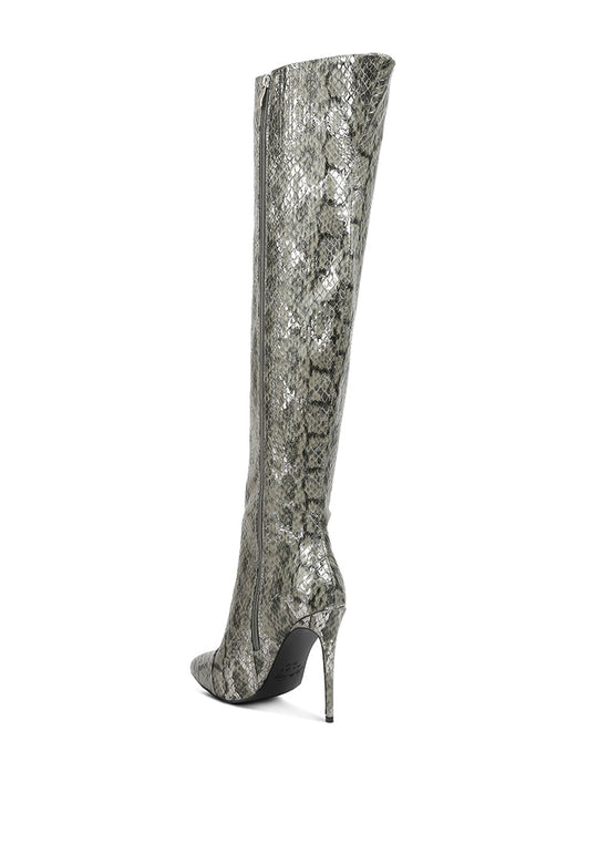 catalina snake print stiletto knee boots