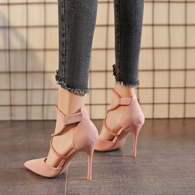 Pointed High Heel Shoes Elegant Cross Lace-up Shoes Suede