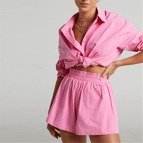 New Two Piece Single Breasted Long Sleeve Lapel Shirt Loose Shorts