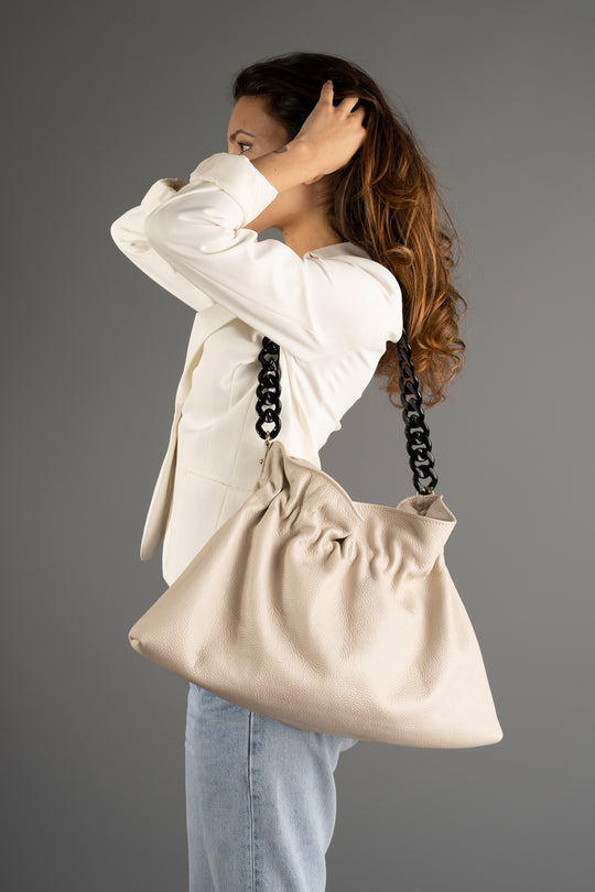 GLORIA VERDE MELA Dollaro Leather Chain Handbag - Cream