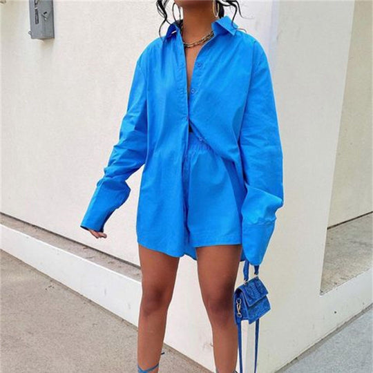 New Two Piece Single Breasted Long Sleeve Lapel Shirt Loose Shorts
