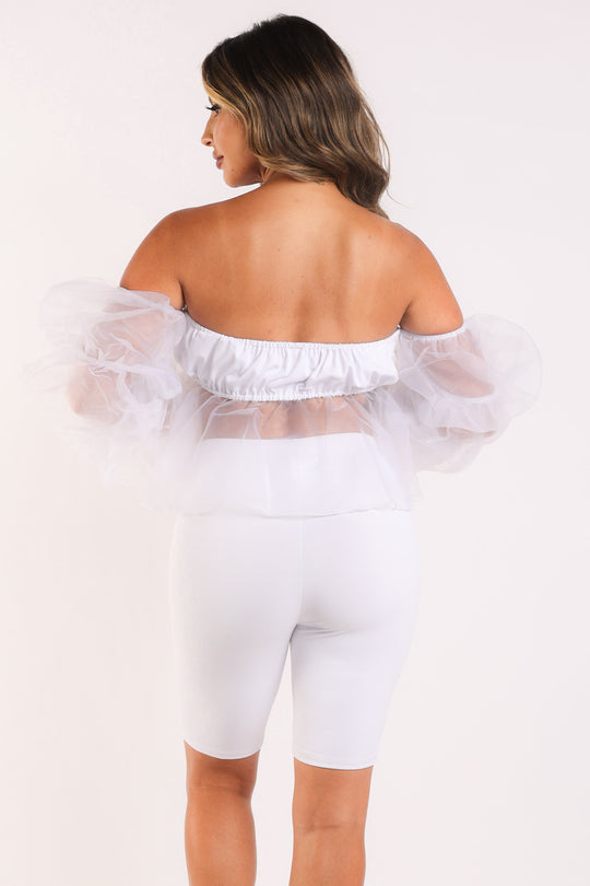 Sexy Organza Sleeve Detailed Top & Matching Shorts 2 Piece Set White