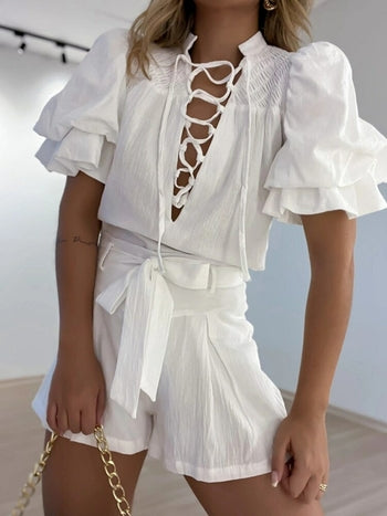 Lace-Up Blouse and Belted Shorts Set