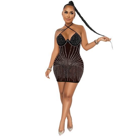 Sling Wrapped Chest Rhinestone Mesh Perspective Skirt Dress