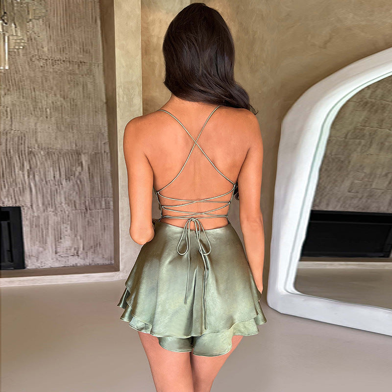 Halter Satin Backless Straps A Swing Dress Summer Sexy Temperament Elegant Celebrity Style Short Dress Womens Clothing